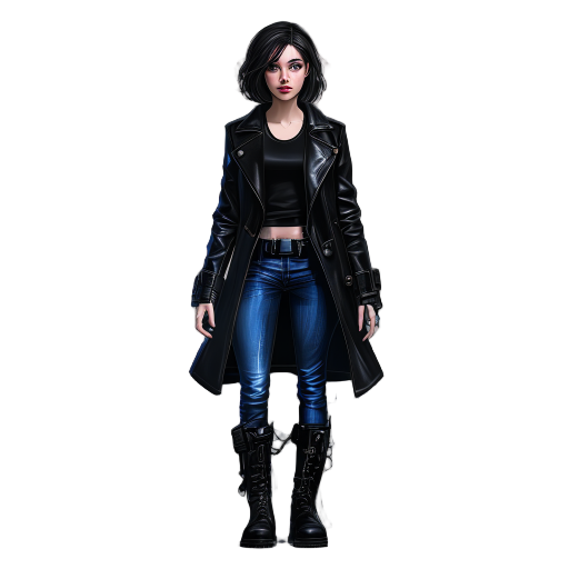 young woman dressed with flat black leather coat, short black hair, blue eyes, flat black jeans, black boots, white skin, attractive, atlethic body, cyberpunk woman, reallistic, oil painting style, full body, front view, both hands out