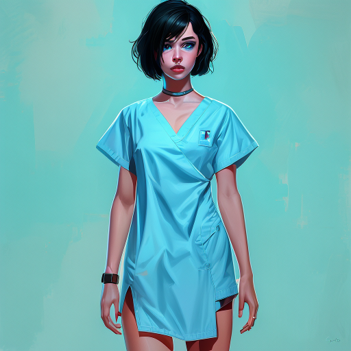 young woman dressed with flat light blue hospital gown, no shoes, short black hair, blue eyes, white skin, attractive, atlethic body, cyberpunk woman, reallistic, oil painting style, full body, front view, both hands out