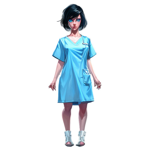 young woman dressed with flat light blue hospital gown, short black hair, blue eyes, white skin, attractive, atlethic body, cyberpunk woman, reallistic, oil painting style, full body, front view, both hands out