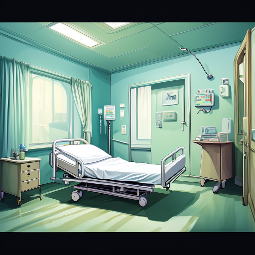wide angle view of a room hospital, clean white walls, one hospital bed, point and click game background, reallistic, oil painting style