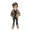 the designer should be wearing trendy clothes, holding a tablet in one hand, and have a creative expression. the sprite should be in a standing pose with arms at the sides. use a color palette that in