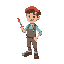 generate a 32x32 pixel art sprite of a painter. the painter should be wearing a beret, holding a paintbrush in one hand, and have a friendly expression. the sprite should be in a standing pose with ar