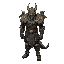 create a detailed outfit design for a dragonslayer in the style of tibia, inspired by guts from berserk. the character should wear heavy, battle-worn armor adorned with dragon motifs, including scales