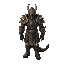 create a detailed outfit design for a dragonslayer in the style of tibia. the character should wear heavy, battle-worn armor adorned with dragon motifs, including scales, horns, and fiery engravings. 