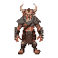 pixel art of a cyclops warrior wearing light armor, featuring tribal tattoos on his arms. the cyclops has a fierce expression, a muscular build, and a battle-ready stance. the armor consists of leathe