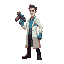 scientist in a lab coat holding a laser gun