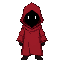 vibrant red hooded robe, obscuring their entire body. the face is a dark void with two small white square pixels for eyes.