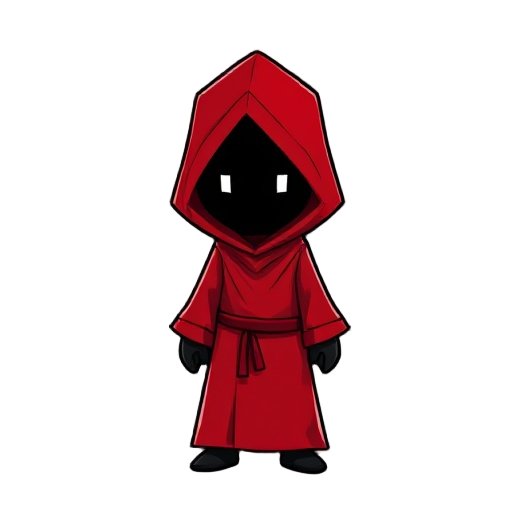 vibrant red hooded robe, obscuring their entire body. the face is a dark void with two small white square pixels for eyes.