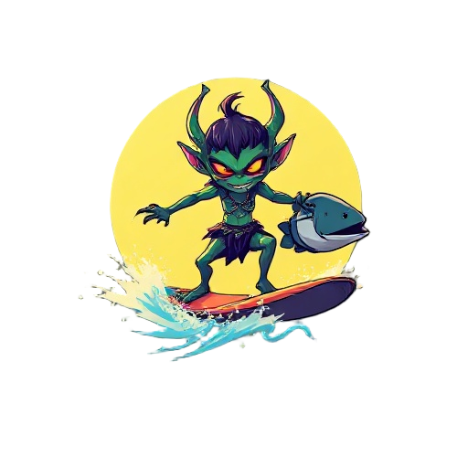 imagine um goblin de três pernas, com um suéter de arco-íris glitchado, surfando em uma torrada voadora enquanto segura um peixe com braços de spaghetti — e tudo isso em frente a um pôr do sol que está dando tela azul.
