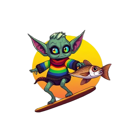 species: ultra-hd pixel goblin with corrupted jpeg eyes imagine a three-legged goblin wearing a glitched rainbow sweater, surfing on a flying toast while holding a fish with spaghetti arms — all of it set against a sunset that's experiencing a blue screen