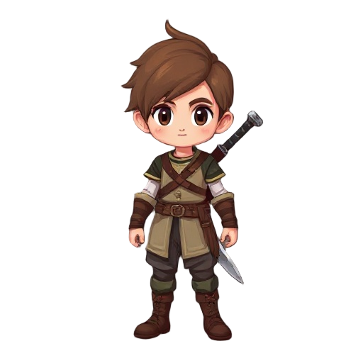 character has brown hair, warrior is 16 years old, has sword support back
