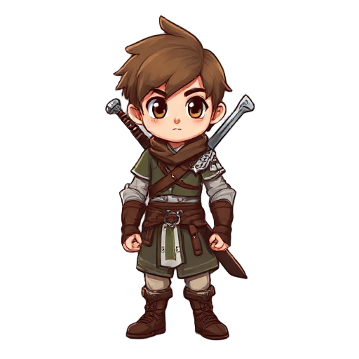 character has brown hair, warrior is 16 years old, has sword support back
