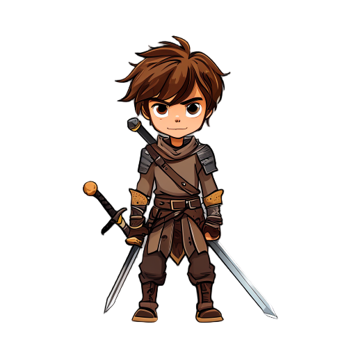 makes character with brown hair, kind of messy underneath but, warrior is 16 years old, has sword support on back