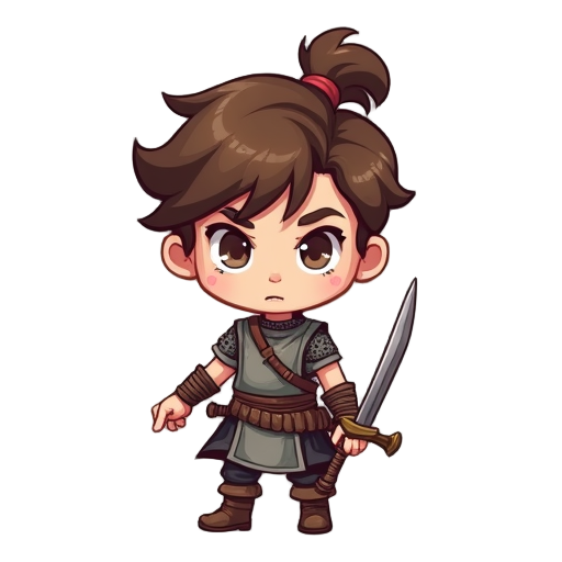 makes character with brown hair, kind of messy underneath but, warrior is 16 years old, has sword support on back