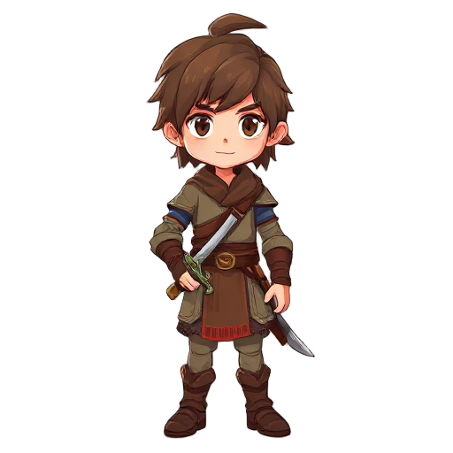 makes character with brown hair, kind of messy underneath but, warrior is 16 years old, has sword support on back