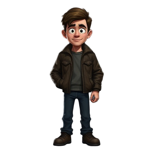 generate image character_sheet, daniel "dan" cout, full body turnaround, neutral expression, wearing a worn leather jacket, 2.5d cinematic platformer, atmospheric horror, high contrast dynamic lighting, deep shadows, desaturated color palette, gritty real