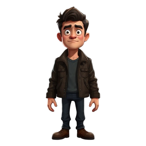 generate image character_sheet, daniel "dan" cout, full body turnaround, neutral expression, wearing a worn leather jacket, 2.5d cinematic platformer, atmospheric horror, high contrast dynamic lighting, deep shadows, desaturated color palette, gritty real