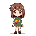 chara from undertale. a girl with brown shoulder-length hair, wild bob hairstyle, red big eyes, pink cheeks, smile, green shirt with one yellow horizontal stripe in the middle, red knife in her left h