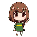 chara from undertale. a girl with brown shoulder-length hair, wildbob hairstyle, red big eyes, pink cheeks, smile, green blouse with one yellow horizontal stripe in the middle, red knife in her left h