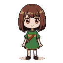 chara from undertale. a girl with brown shoulder-length hair, wildbob hairstyle, red big eyes, pink cheeks, smile, green blouse with one yellow horizontal stripe in the middle, red knife in her left h