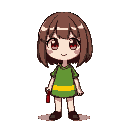 chara from undertale. a girl with brown shoulder-length hair, wildbob hairstyle, red big eyes, pink cheeks, smile, green blouse with one yellow horizontal stripe in the middle, red knife in her left h