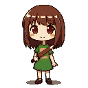 chara from undertale. a girl with brown shoulder-length hair, wildbob hairstyle, red big eyes, pink cheeks, smile, green blouse with one yellow horizontal stripe in the middle, red knife in her left h