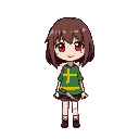 chara from undertale. a girl with brown shoulder-length hair, wildbob hairstyle, red big eyes, pink cheeks, smile, green blouse with one yellow horizontal stripe in the middle, red knife in her left h