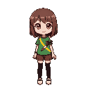chara from undertale. girl with brown shoulder-length hair, wildbob hairstyle, red big eyes, pink cheeks, smile, green shirt with one yellow stripe, red knife, brown shorts, black knee-high stockings,