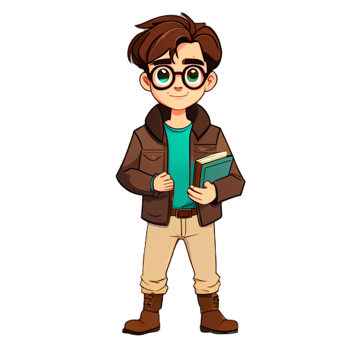 young man with brown hair and round glasses, brown jacket, teal shirt, beige pants, brown boots, holding book, full body sprite, front view