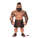 create a pixel art character inspired by a towering, extremely muscular armenian man with a short haircut, a thick beard, and tattoos on his arms. he should have a broad chest, massive arms, and a pow