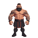 create a pixel art character inspired by the image of a towering, extremely muscular armenian man with a short haircut, a thick beard, and tattoos on his arms. he should have a broad chest, massive ar