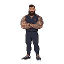 create a character in pixel art inspired by a tall, extremely muscular armenian man in a tracksuit with short hair, thick beard and tattoos on his massive arms.