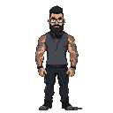 create a pixel art character inspired by the image of a tall, heavily muscular armenian man with a short haircut, a beard, glasses, tattoos on his arms, and headphones around his neck. design three va