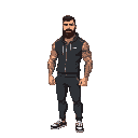 create a character in pixel art inspired by a tall, extremely muscular armenian man in a tracksuit with short hair, thick beard and tattoos on his massive arms.  six options