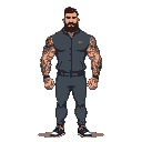 create a character in pixel art inspired by a tall, extremely muscular armenian man in a tracksuit with short hair, thick beard and tattoos on his massive arms.  six options