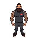 create a character in pixel art inspired by a tall, extremely muscular armenian man in a tracksuit with short hair, thick beard and tattoos on his massive arms.  six options