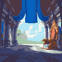 open palace hall landscape with blue shade and throne on the right side