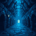 dungeon long hall with monochrome blue color shade and with fantasy environment