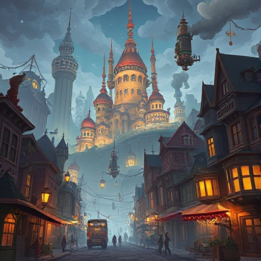 19th century theme with steampunk and fantasy city