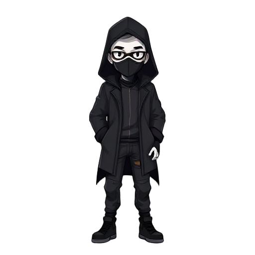an sprite image of a man with black coat with hood with techwear pants, black mask, and white skin.