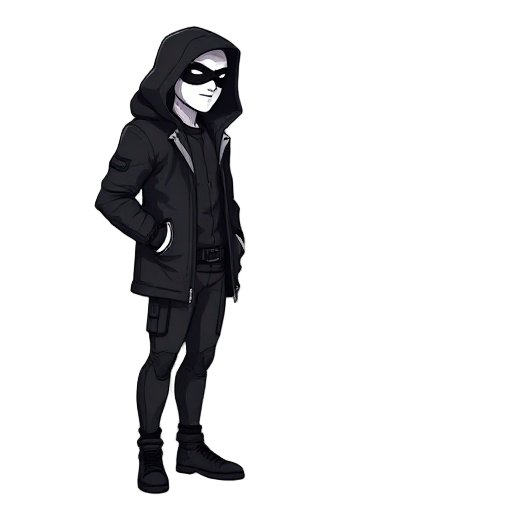 an sprite image of a tall man wearing black coat with hood and techwear pants, black mask, and white skin. turning to right side.