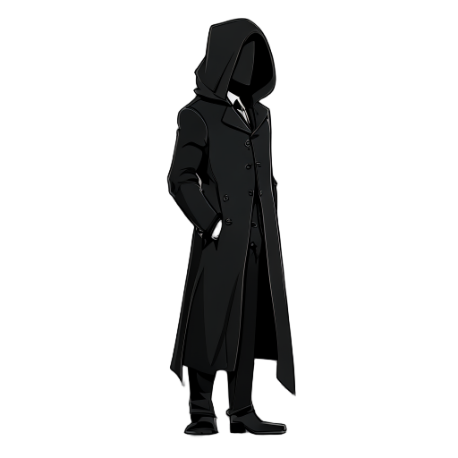 person in black frock coat with hood, wearing black suit, turn to right side