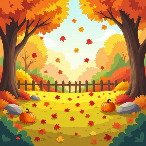 garden in autumn season, with falling leaves, ground full of leaves
