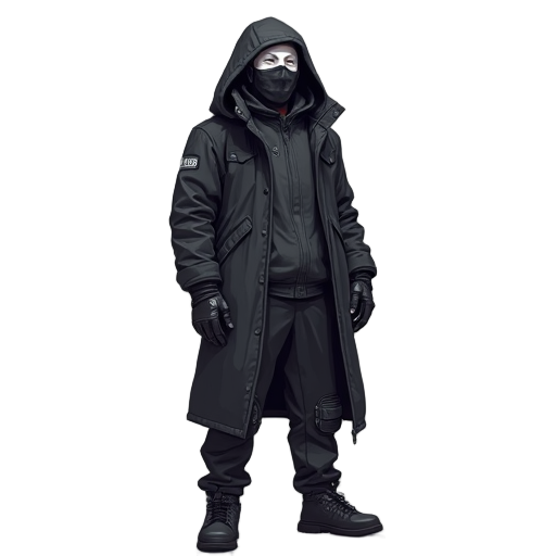 an sprite image of a man with black coat with hood with techwear pants, black mask, and white skin.