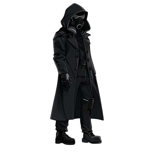 person in black frock coat with hood, wearing black suit and techwear mask, turn to right side