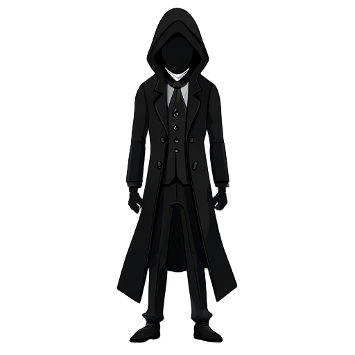 person in black frock coat with hood, wearing black suit