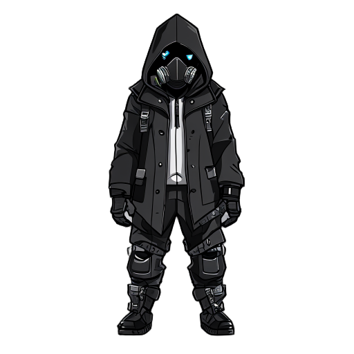 an sprite image of a man with black coat with hood with techwear pants, black mask, and white skin.