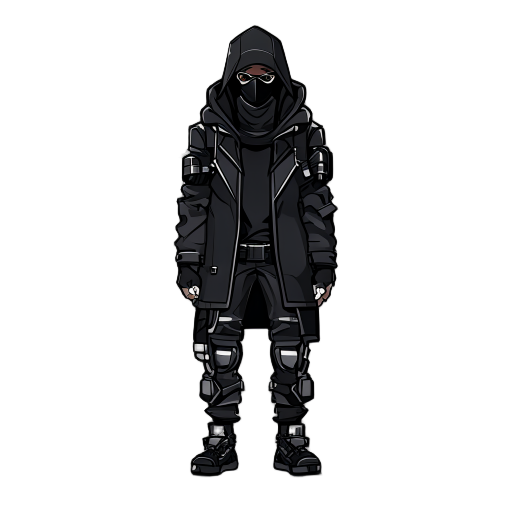 an sprite image of a tall man with black coat with hood with techwear pants, black mask, and white skin. suitable for 2d sidescroller.