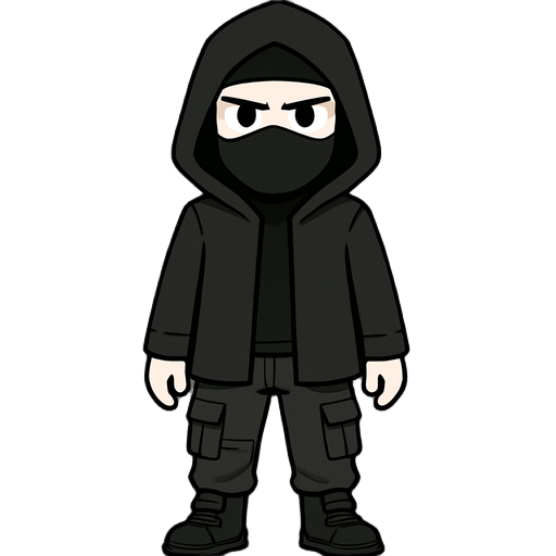 an sprite image of a man with black coat with hood with techwear pants, black mask, and white skin.