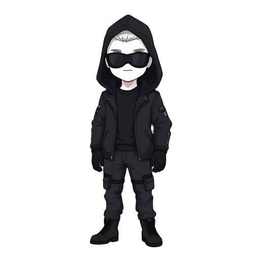 an sprite image of a man with black coat with hood with techwear pants, black mask, and white skin.